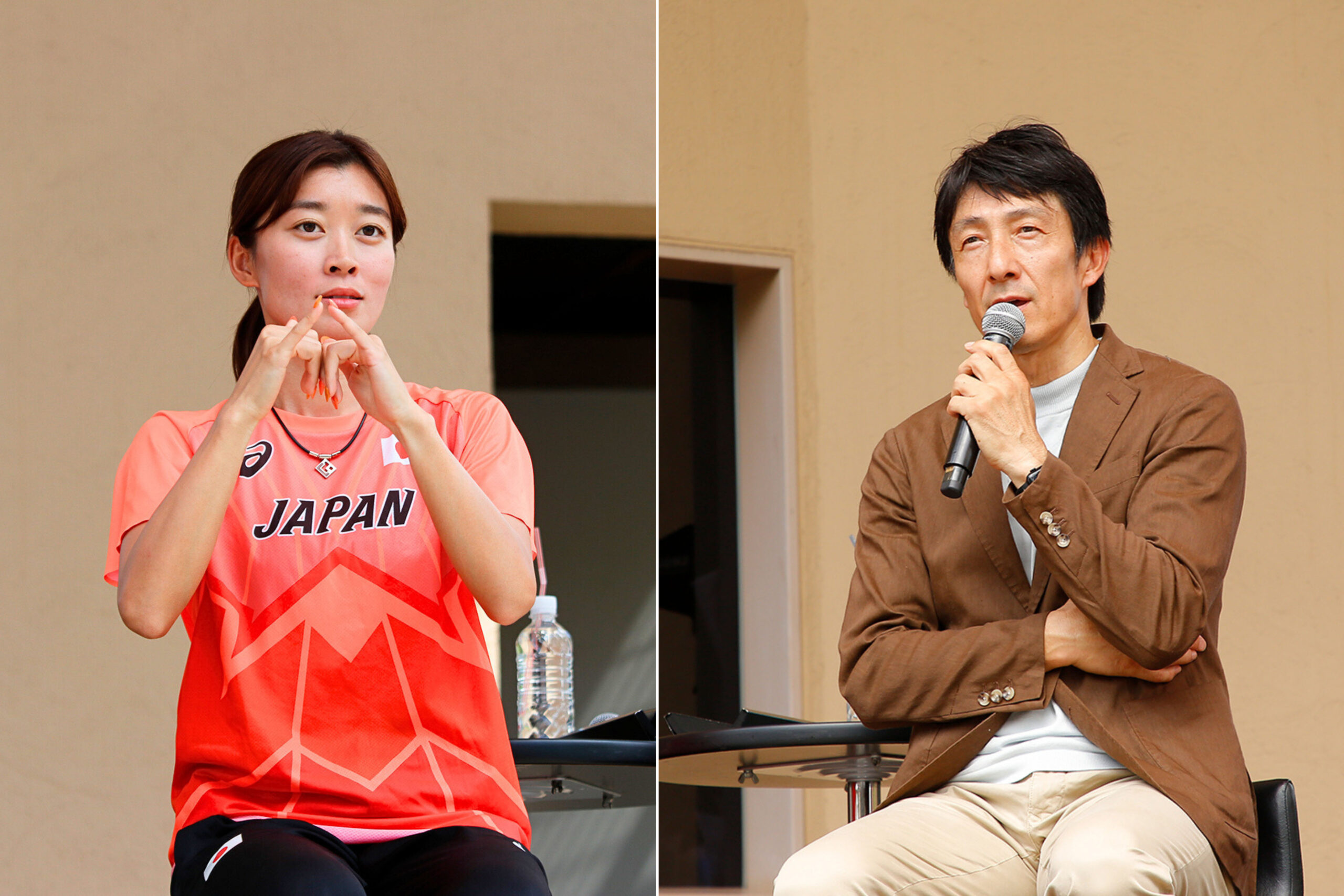 手話で何かを伝えている岡田選手と話をしている朝原さんの写真のコラージュ画像