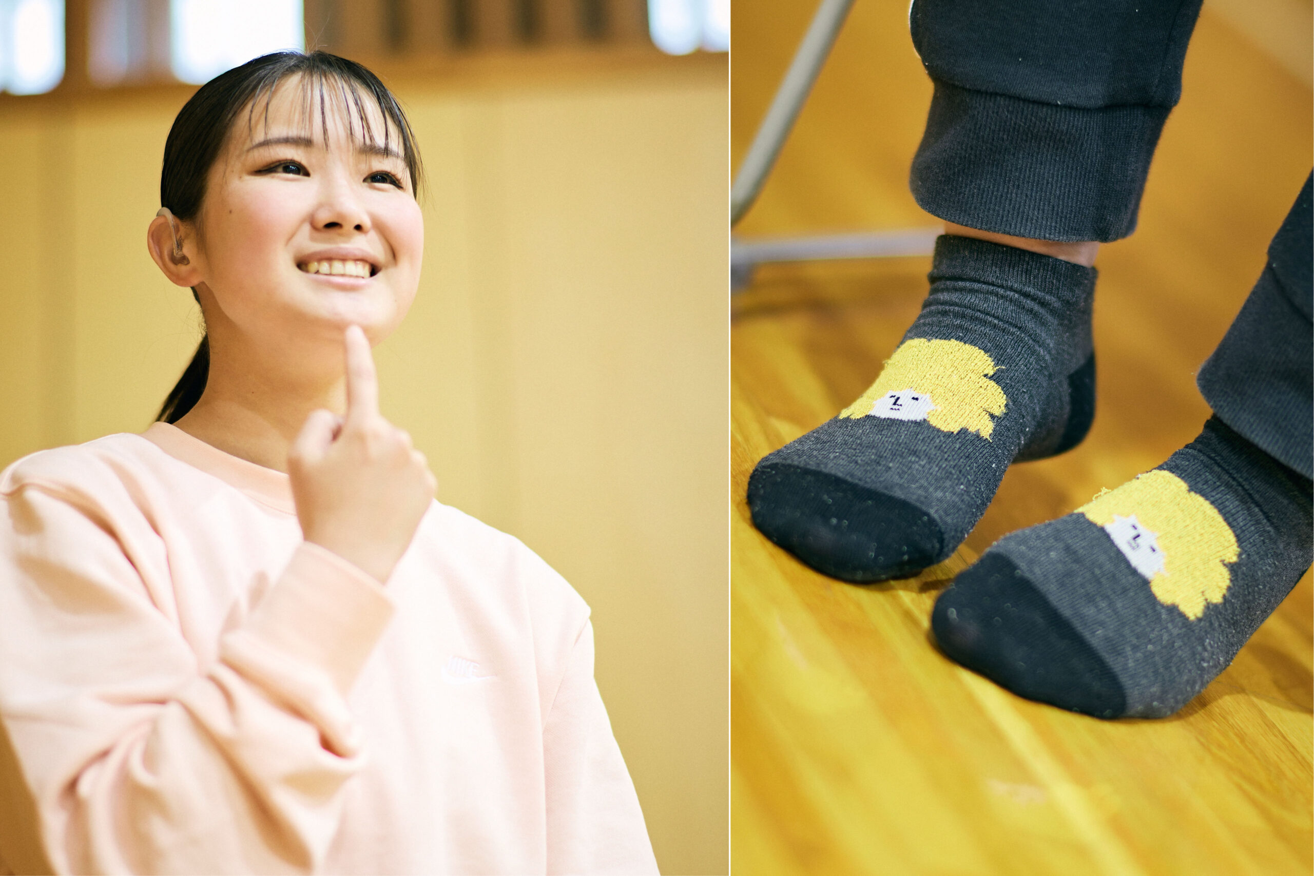 The collage image of a photo of a pair of socks with a photo and illustration of her pointing to herself
