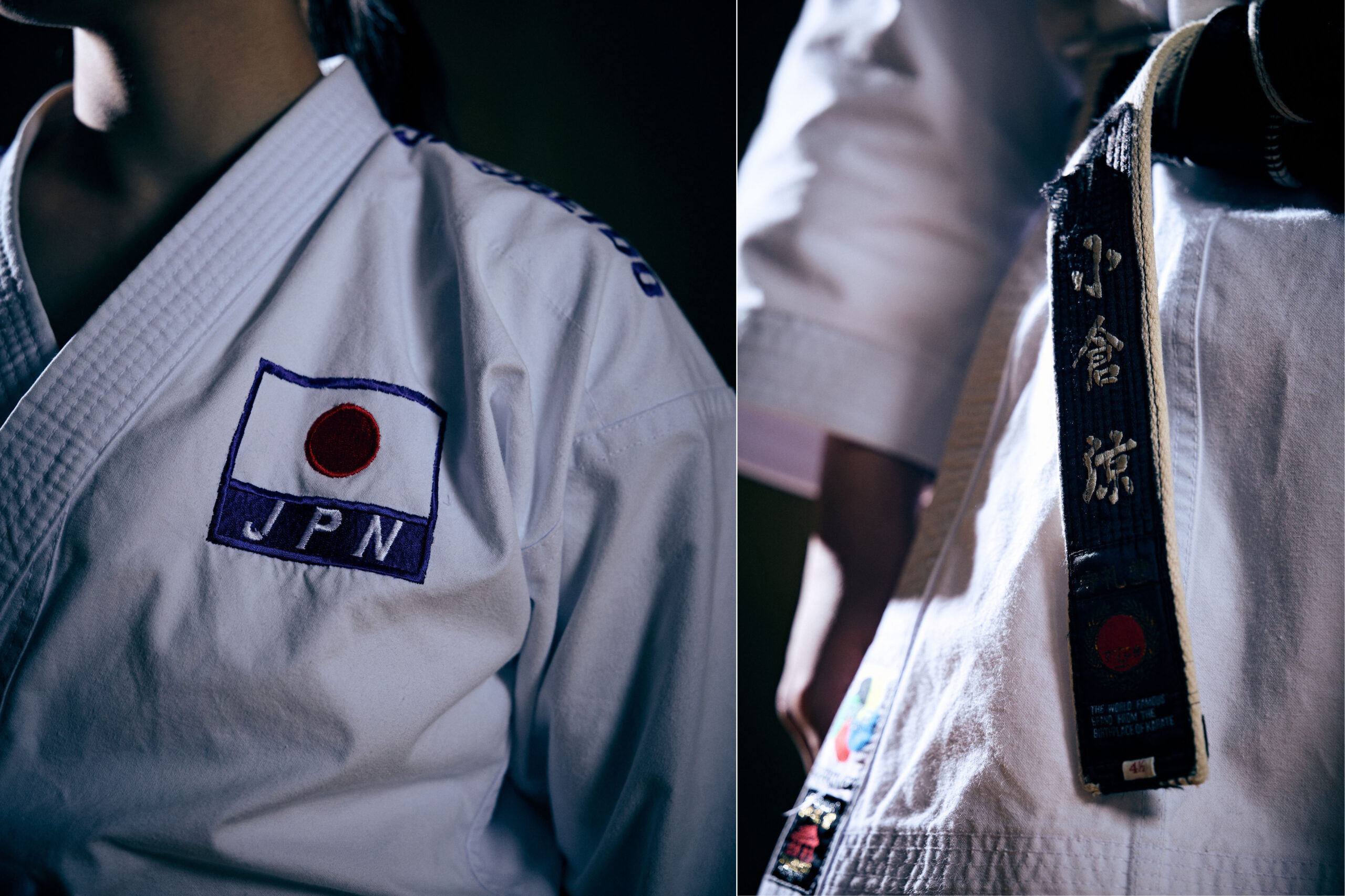 Collage image of a photo of the embroidery of the national flag and JPN on her karate uniform and a photo of the name on the black belt.