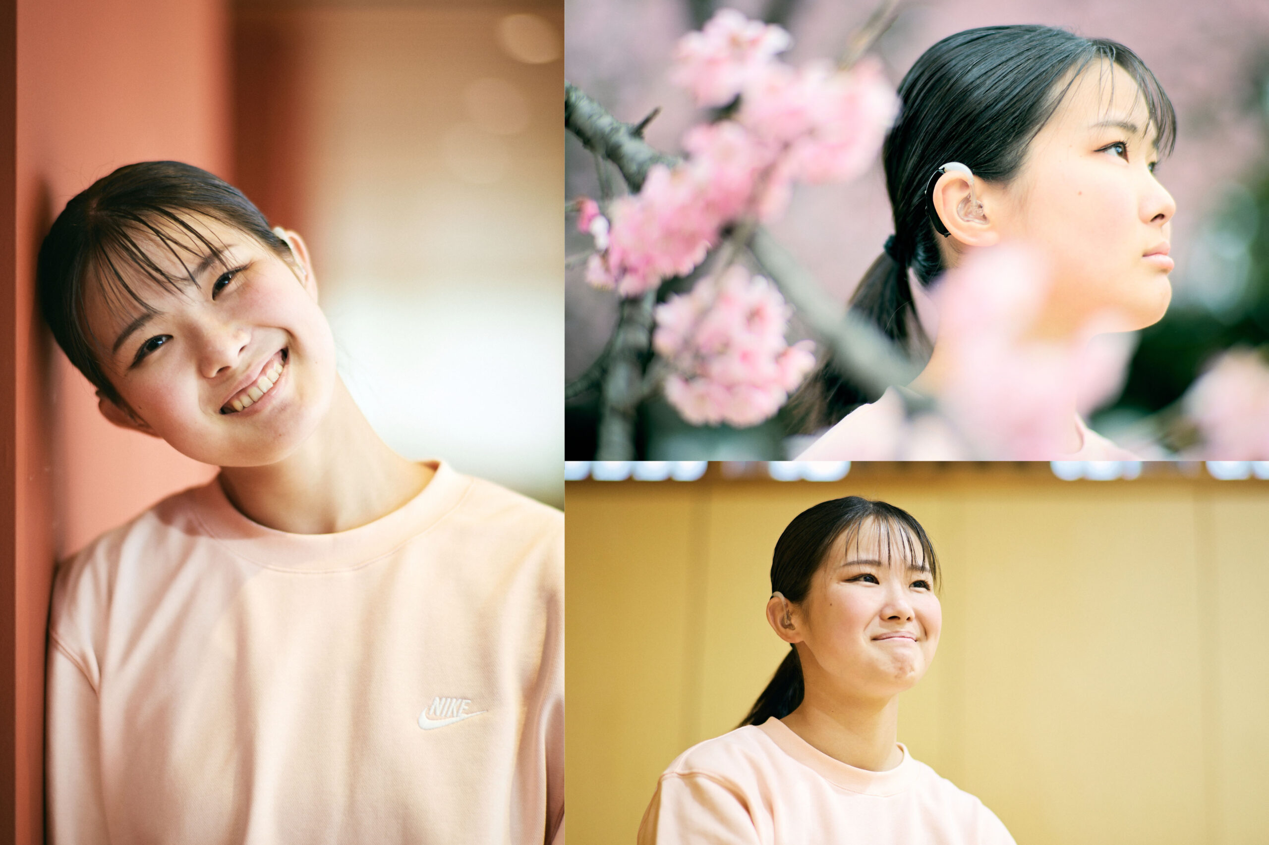 Collage image of 3 photos of Ogura leaning against a wall, in the cherry blossoms, and getting interviewed.