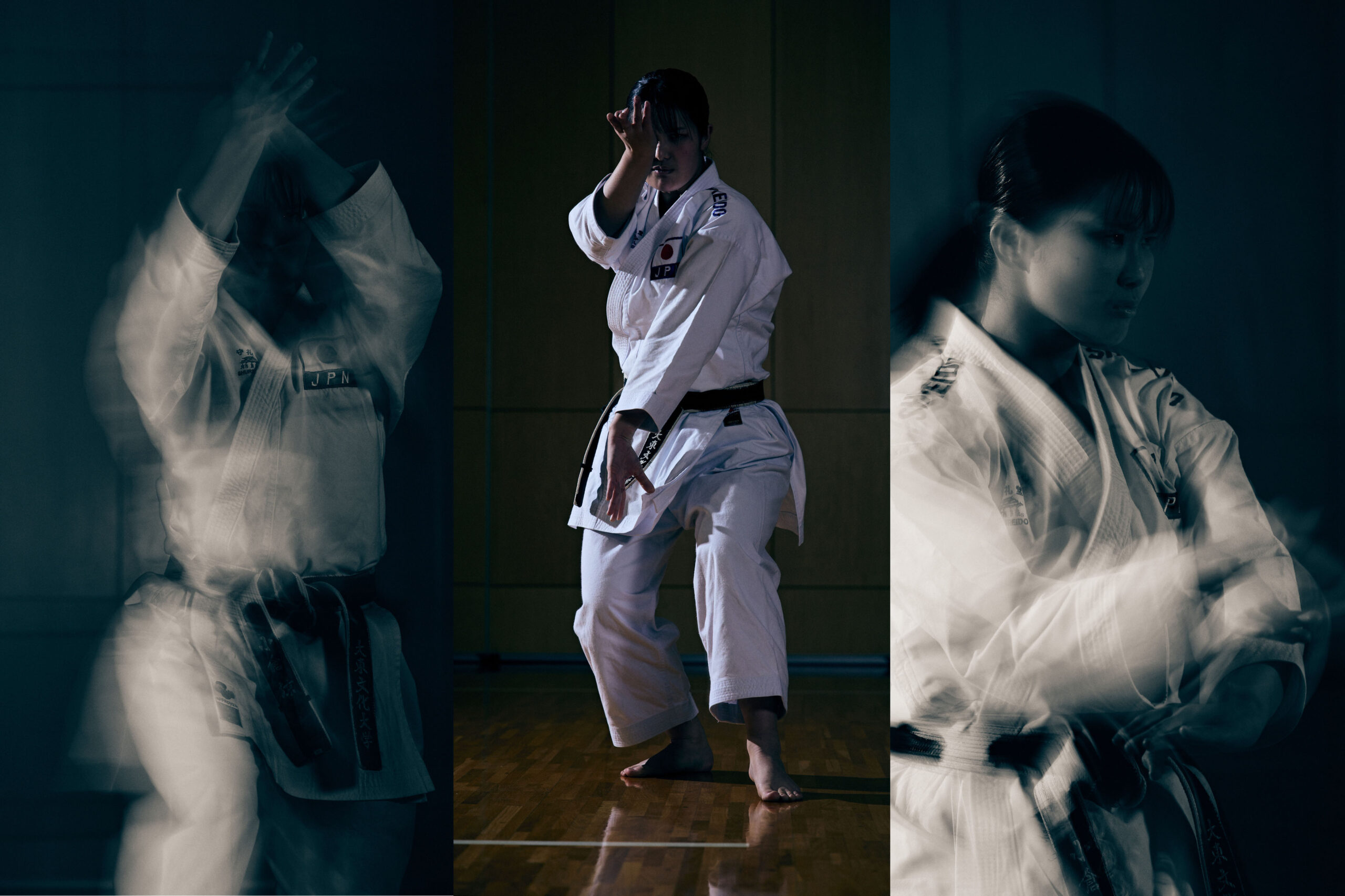 Collage image of Ogura showing three different Kata.