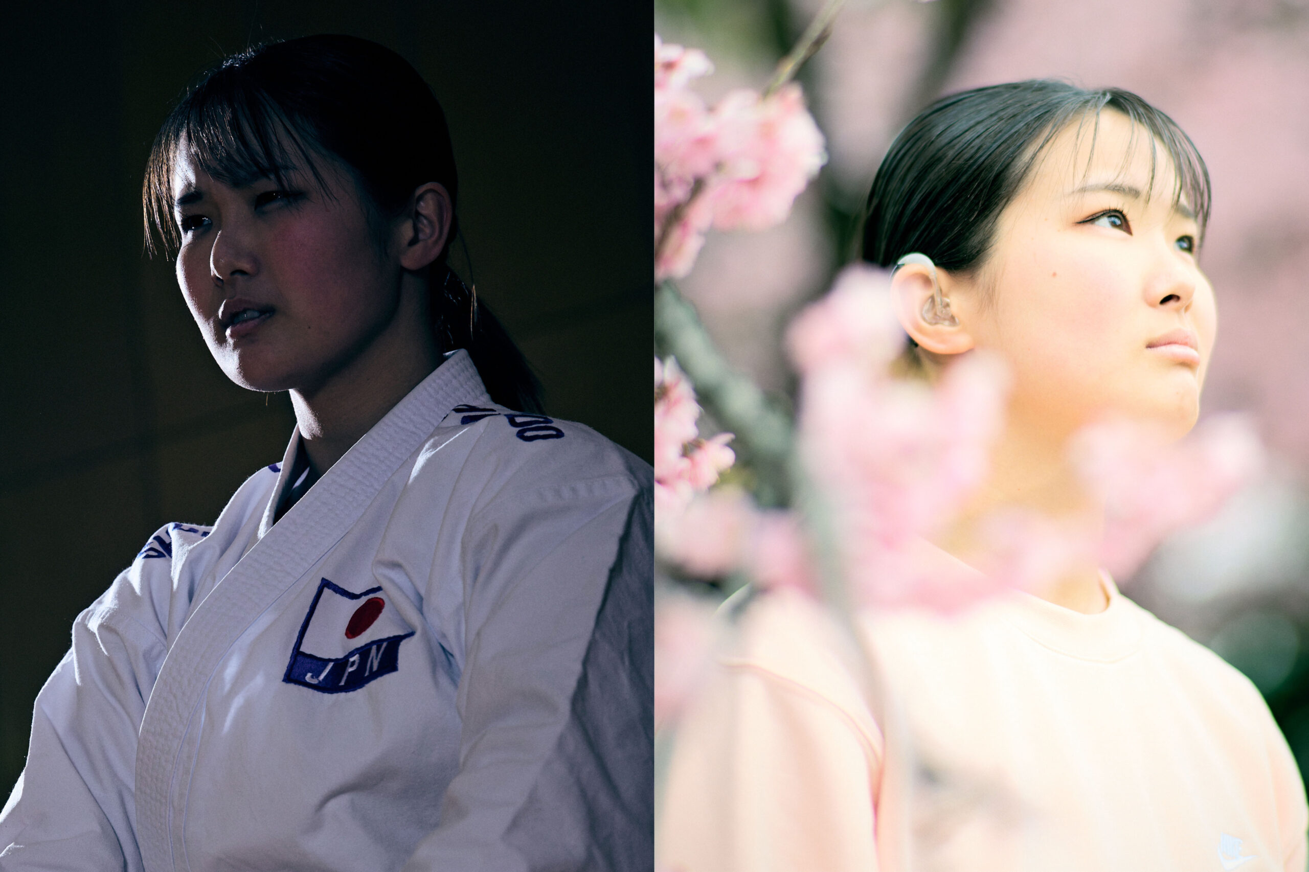 Collage image of Ogura staring off into the distance amidst cherry blossoms with a photo of her staring off somewhere in her karate uniform.
